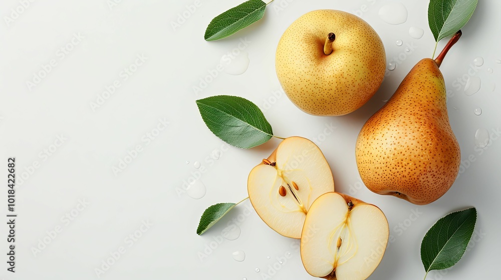 Whole and Sliced Pears with Green Leaves and Water Droplets on White Background Whole and Sliced Pears with Green Leaves and Water Droplets on White Background