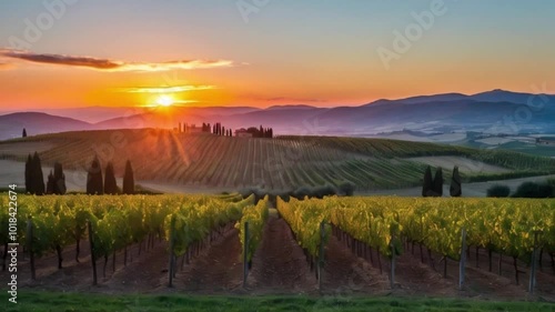Sunset over vineyards in Chianti region, Tuscany, Italy

