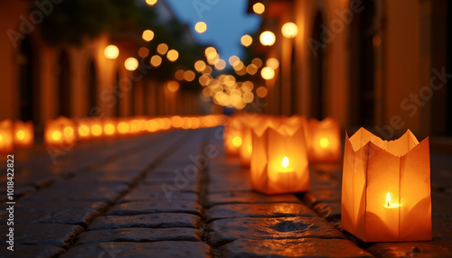Luminarias Glowing Along a Cobblestone Street at Dusk