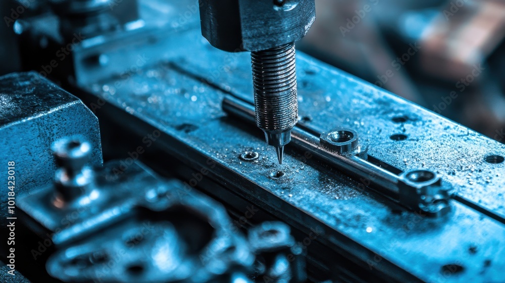 3D vertical blue CNC machine with tooling on a table, highlighting precision in manufacturing 3D vertical blue CNC machine with tooling on a table, highlighting precision in manufacturing