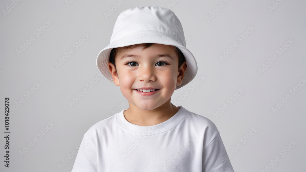 Little boy wearing white t-shirt and white bucket hat isolated on grey background Little boy wearing white t-shirt and white bucket hat isolated on grey background
