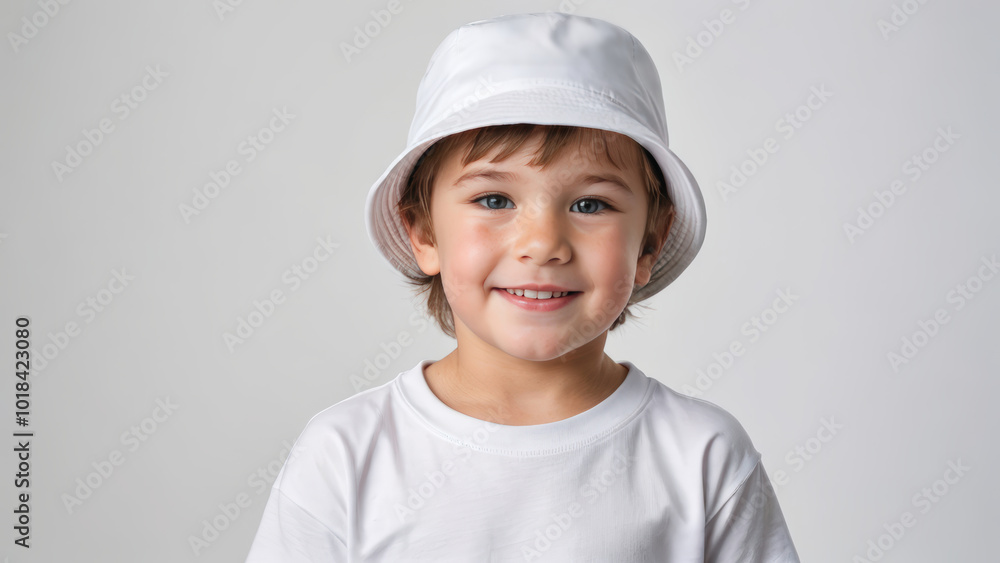 Little boy wearing white t-shirt and white bucket hat isolated on grey background Little boy wearing white t-shirt and white bucket hat isolated on grey background