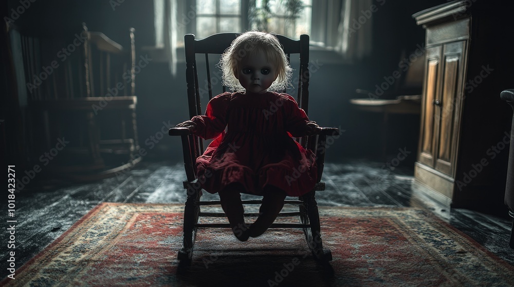 Obraz premium A creepy doll sitting on an old rocking chair in a dark room