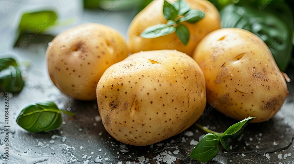 Close-up of Yellow Potatoes with Green Basil Leaves and Salt Close-up of Yellow Potatoes with Green Basil Leaves and Salt