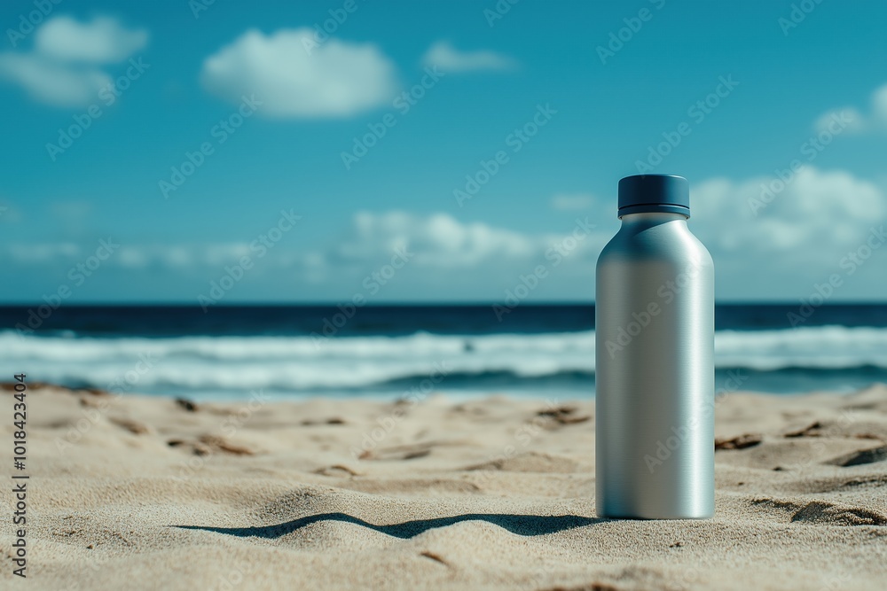 Metal water bottle on sandy beach, ocean in background Metal water bottle on sandy beach, ocean in background