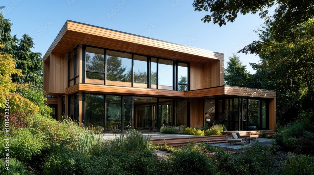 Modern wooden house with large windows, clean lines, and a simple landscape.