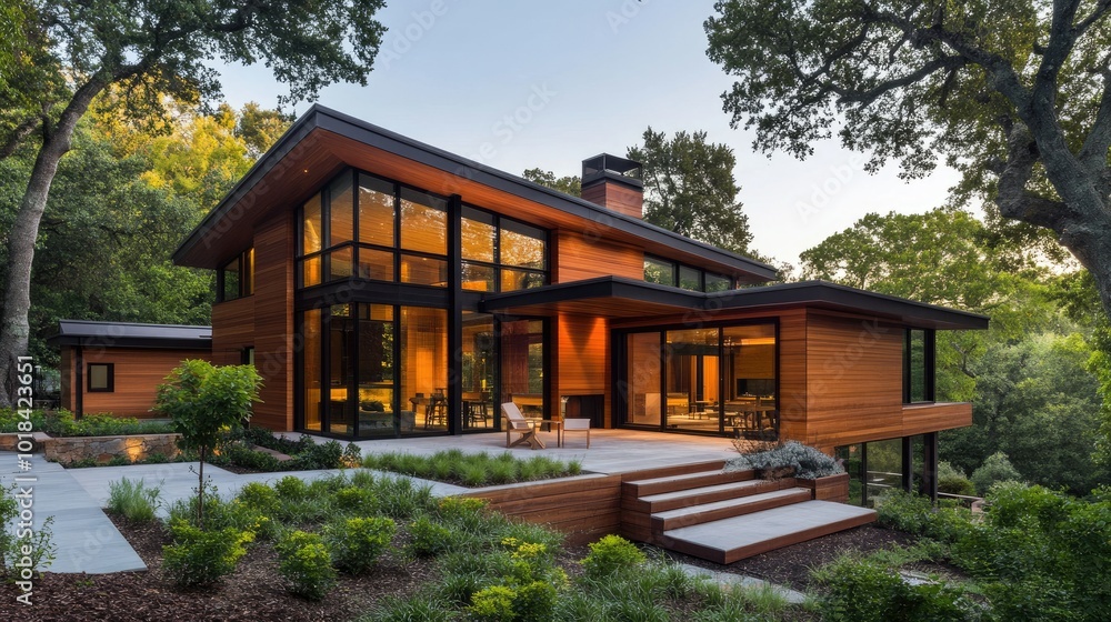 Modern wooden house with large windows, clean lines, and a simple landscape. Modern wooden house with large windows, clean lines, and a simple landscape.