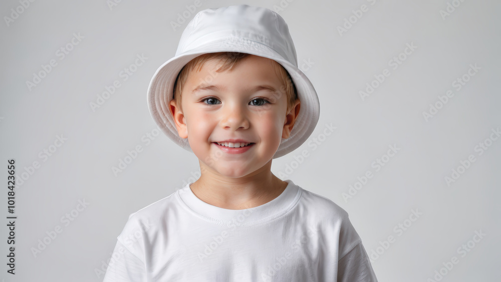 Little boy wearing white t-shirt and white bucket hat isolated on grey background Little boy wearing white t-shirt and white bucket hat isolated on grey background