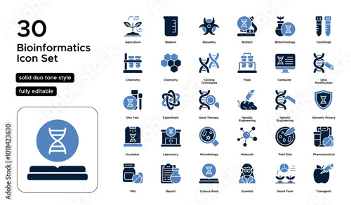 Bioinformatics Solid Duo Tone Icon Set: Data Analysis, Genomic Sequencing, Computational Biology, and Life Science Algorithms Icons
