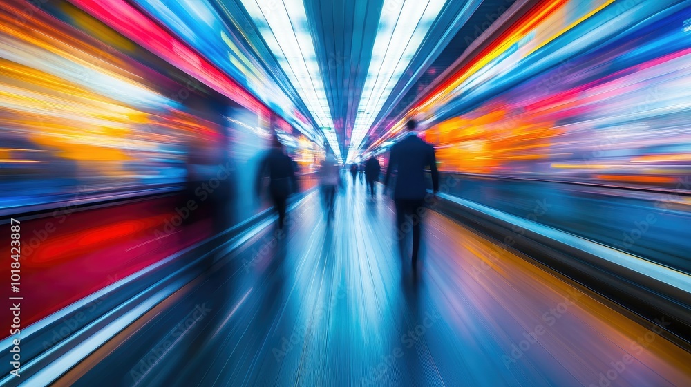 Motion blur of businesspeople moving through a bright city corridor, creating a dynamic and bustling feel. Motion blur of businesspeople moving through a bright city corridor, creating a dynamic and bustling feel.