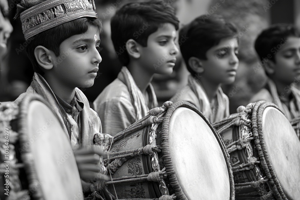 Fototapeta premium Young boys playing traditional drums in festive attire