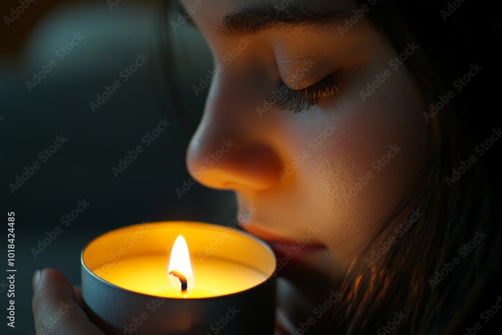 Serene woman enjoying candlelight at night with eyes closed Serene woman enjoying candlelight at night with eyes closed