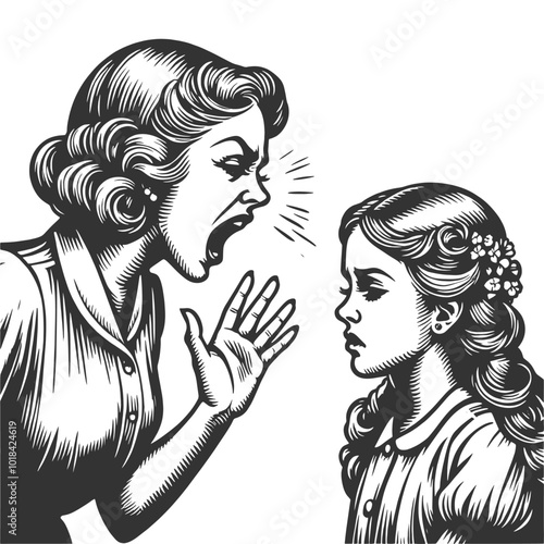 angry mother scolding her sad daughter, capturing emotion and tension in a vintage style sketch engraving generative ai vector illustration. Scratch board imitation. Black and white image.