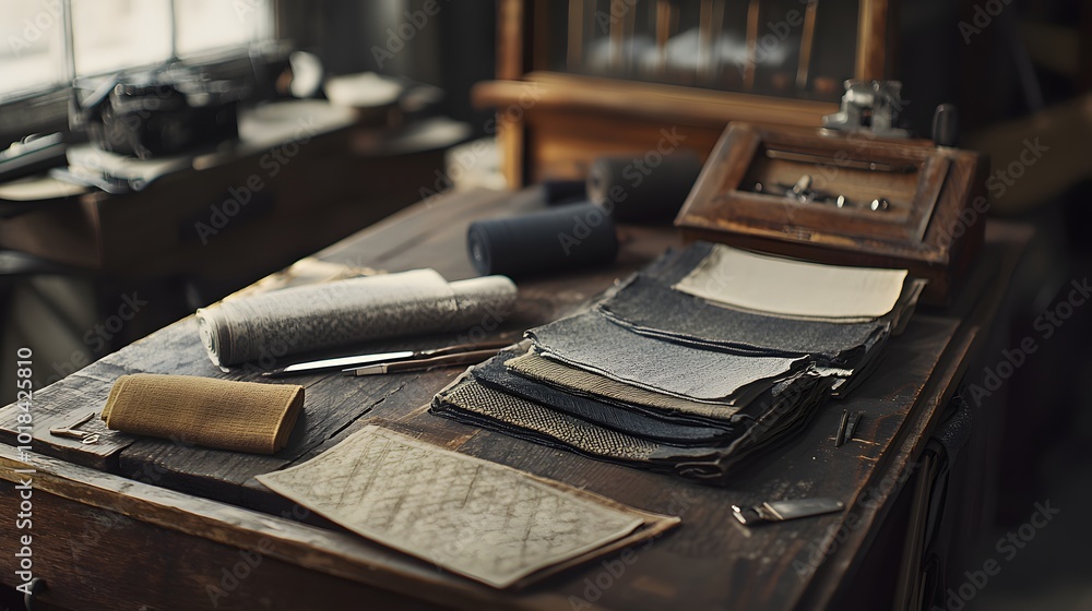 Fabric Swatches and Tools on a Wooden Desk Fabric Swatches and Tools on a Wooden Desk
