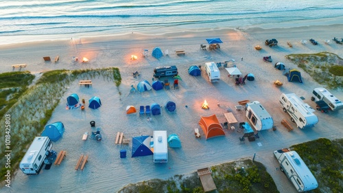 An aerial photo of a beachfront campground. The campground is spread out over a large area. There are various tents and RVs parked on the sand. Some tents have canopies