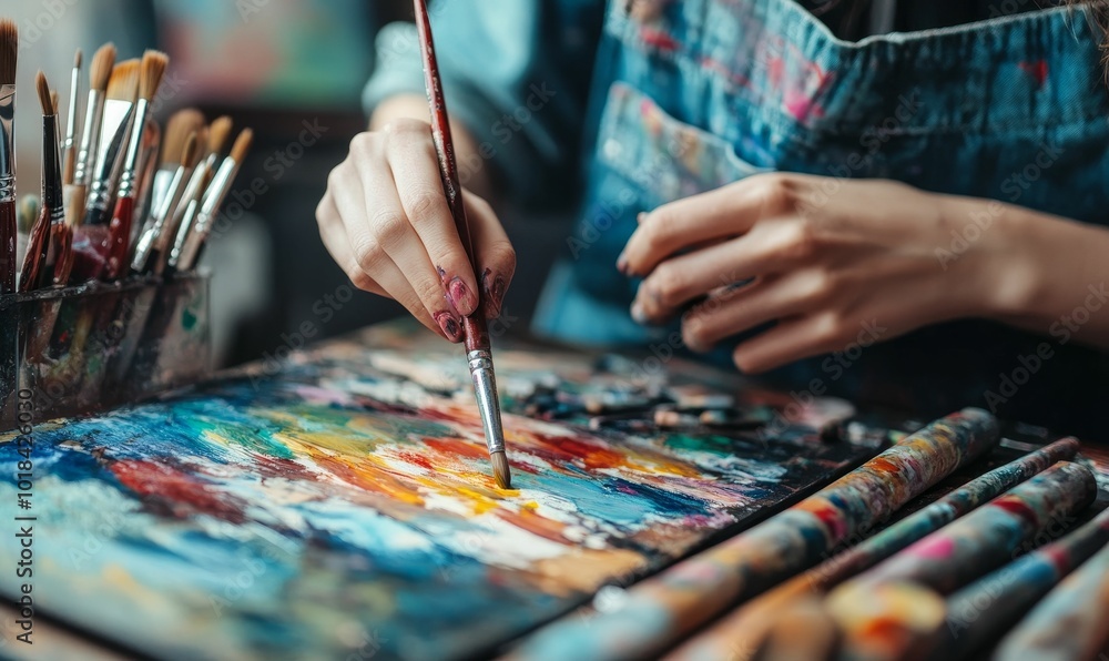 Artist hand painting on palette with brushes. Artist hand painting on palette with brushes.