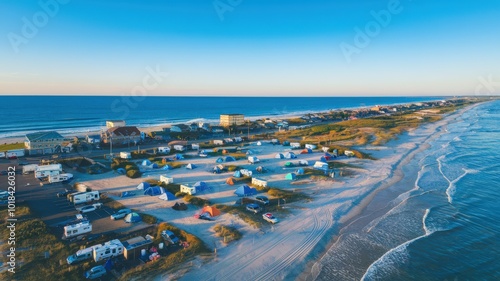 A photo of an aerial view of a beachfront campground. The campground has various tents and RVs. The beach is visible along the campground's edge.