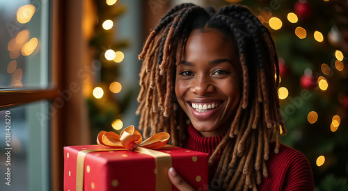 A woman is holding a red gift box and smiling