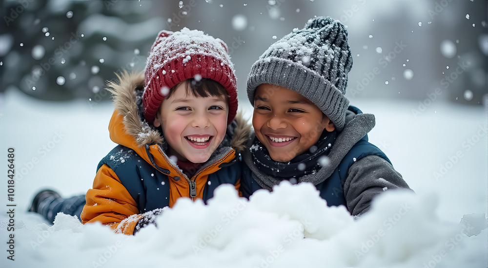 Two young children are smiling and laughing while playing in the snow Two young children are smiling and laughing while playing in the snow