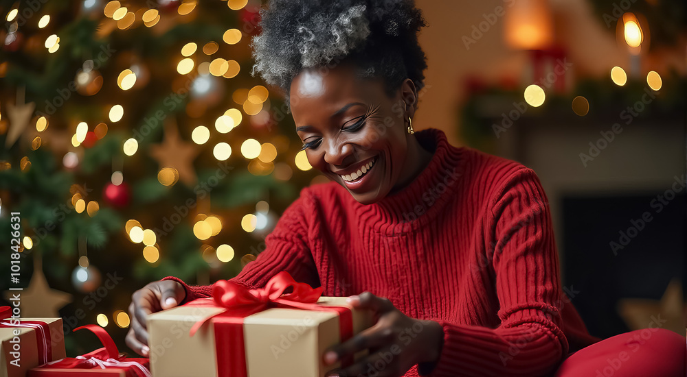 A woman is holding a red box and smiling A woman is holding a red box and smiling