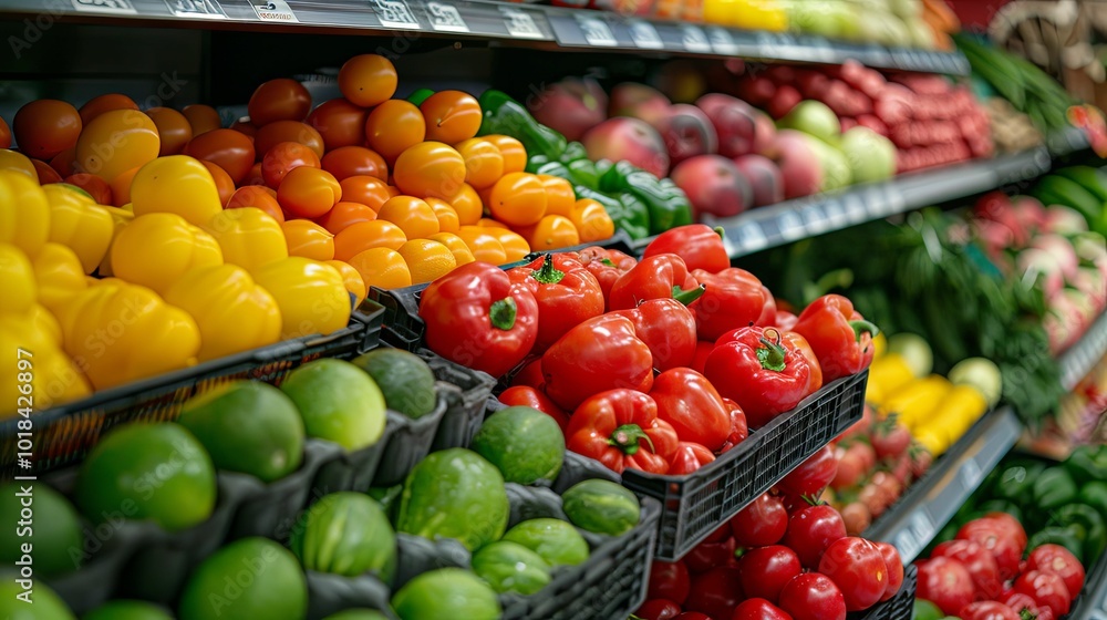Fresh Produce Display in a Grocery Store with Yellow Bell Peppers, Red Bell Peppers, Limes, and Tomatoes Fresh Produce Display in a Grocery Store with Yellow Bell Peppers, Red Bell Peppers, Limes, and Tomatoes