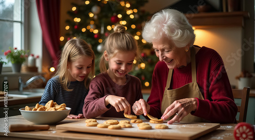 A woman is baking cookies with two young girls