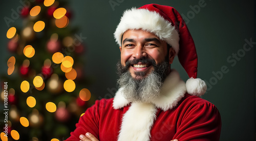 A man in a Santa hat and red coat is smiling at the camera