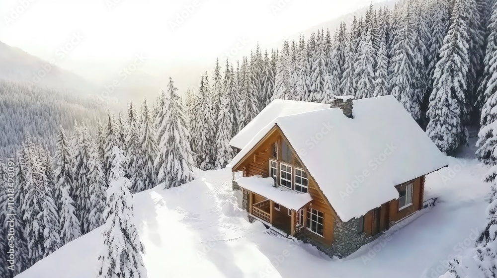 Snow-covered cabin in a tranquil winter landscape with pine trees and a soft morning light. Snow-covered cabin in a tranquil winter landscape with pine trees and a soft morning light.
