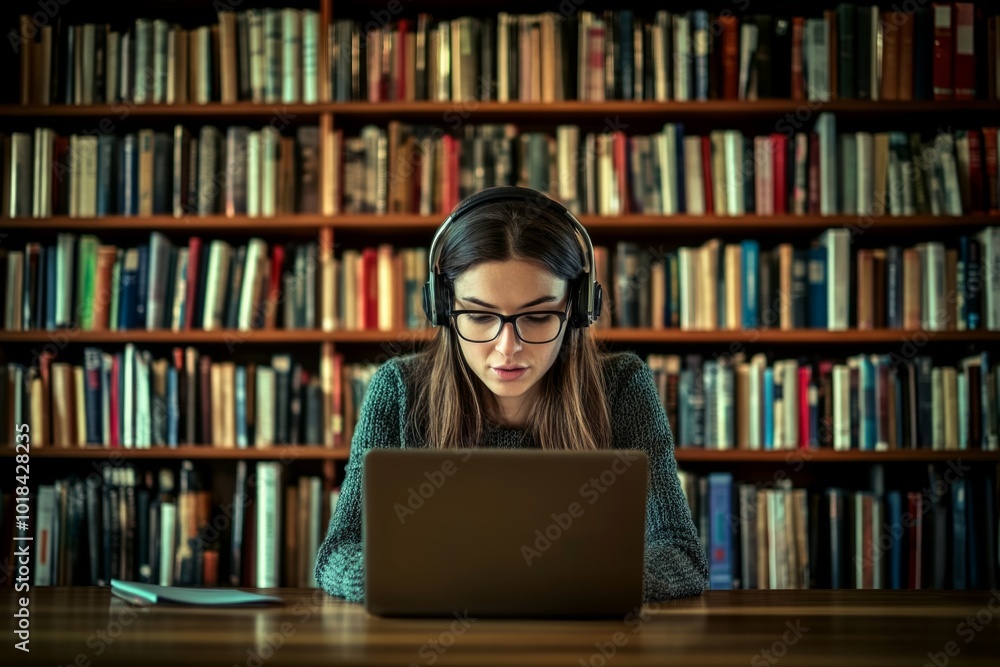 Woman studying in a cozy library with headphones and laptop surrounded by books Woman studying in a cozy library with headphones and laptop surrounded by books