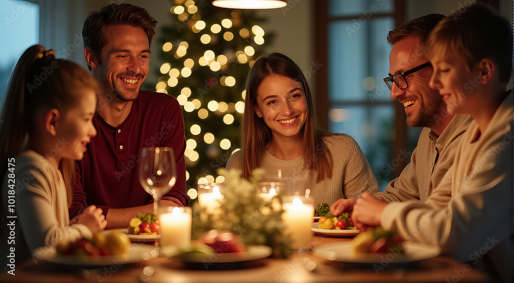 A family is gathered around a table with a Christmas tree in the background A family is gathered around a table with a Christmas tree in the background