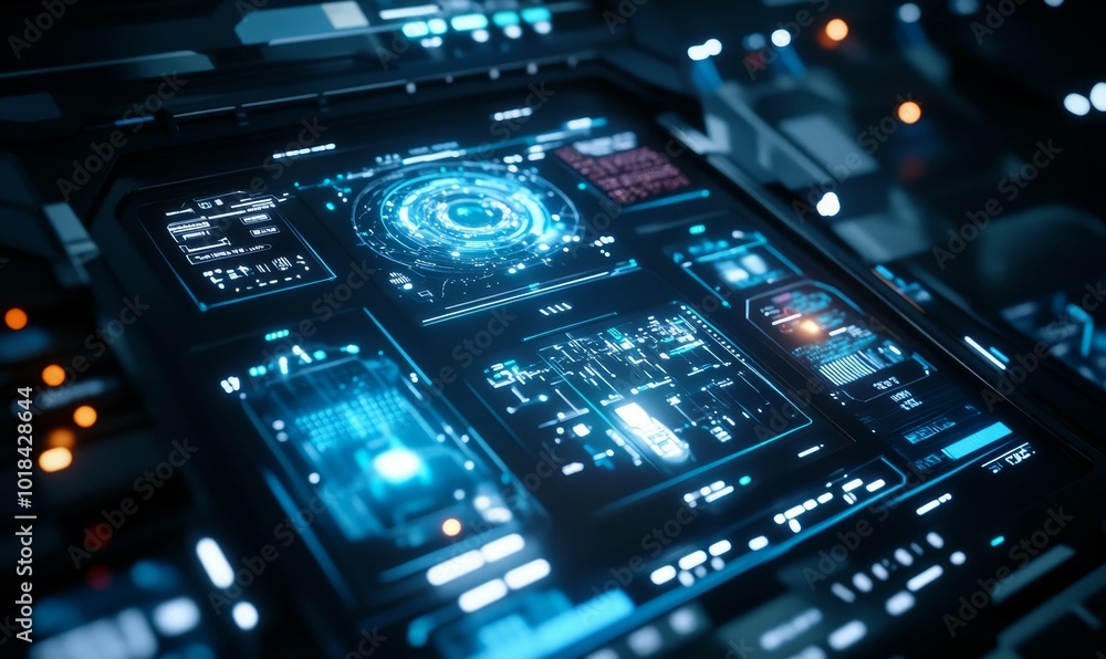 Obraz premium Futuristic digital interface with glowing blue displays.