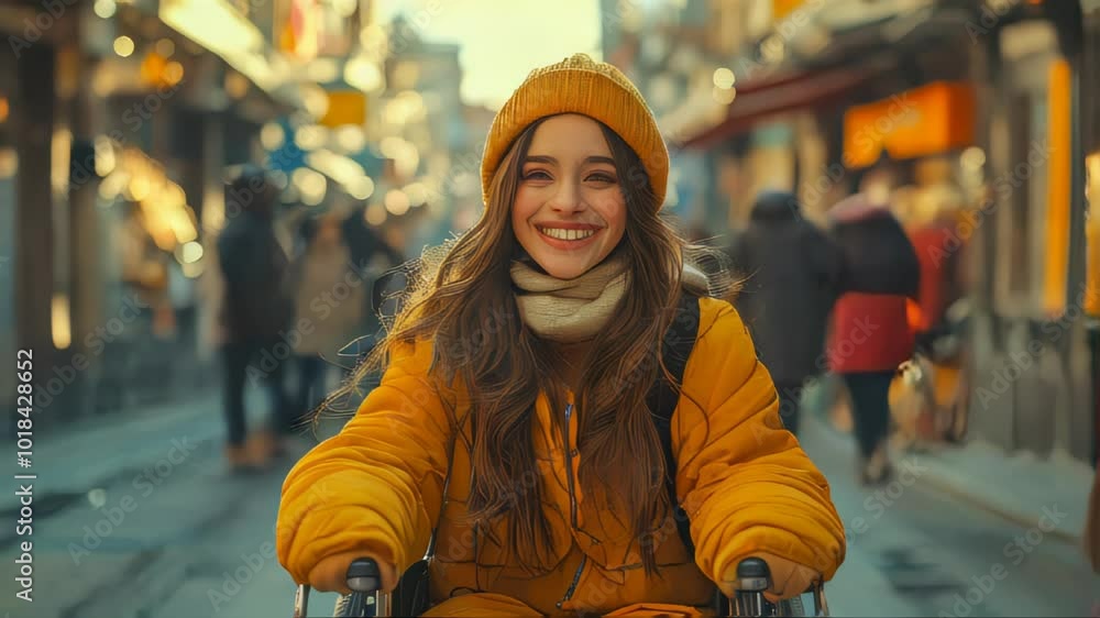 Smiling young woman in a wheelchair, wearing a yellow jacket, on a bustling city street Smiling young woman in a wheelchair, wearing a yellow jacket, on a bustling city street
