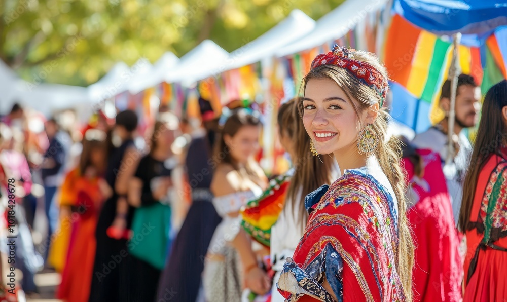 Smiling woman in red and blue shawl at festival. Smiling woman in red and blue shawl at festival.