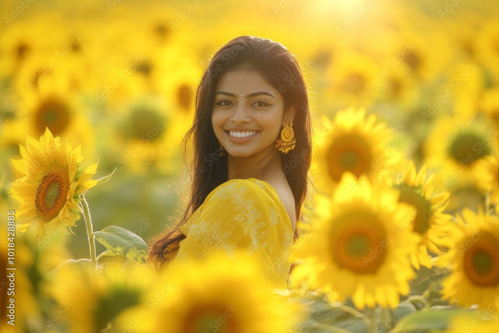 Joyful woman in traditional attire amidst a vibrant sunflower field at golden hour Joyful woman in traditional attire amidst a vibrant sunflower field at golden hour