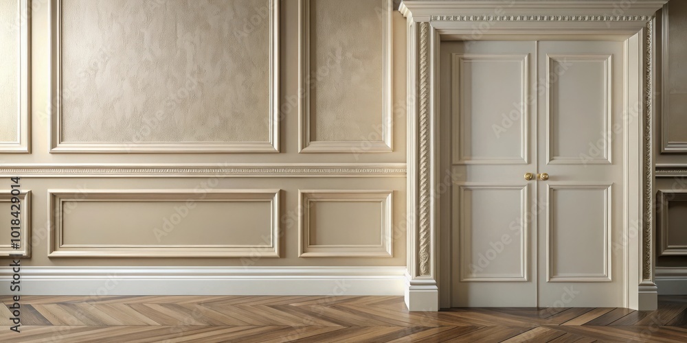 Elegant Interior Design with Paneled Walls and Herringbone Wood Flooring Elegant Interior Design with Paneled Walls and Herringbone Wood Flooring