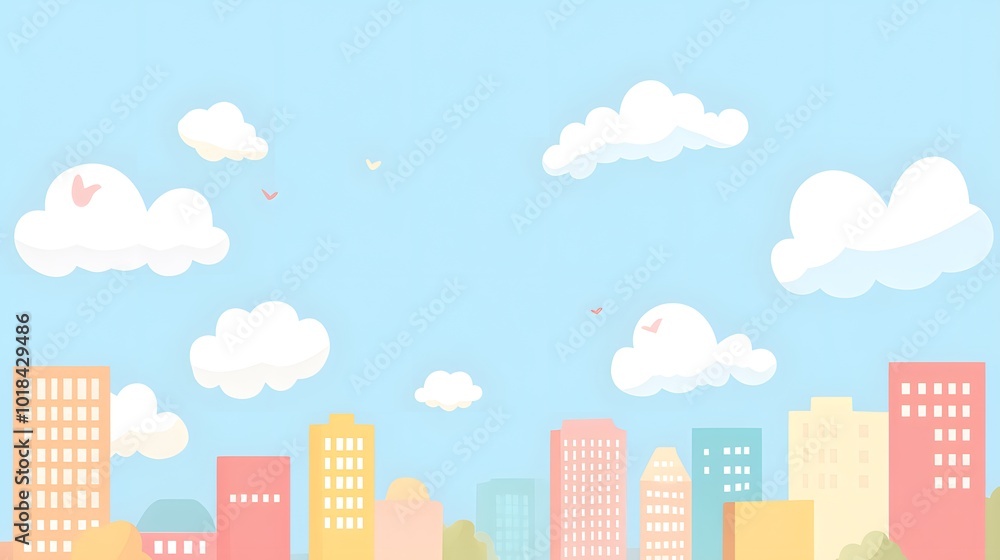 Flat vector illustration of a city skyline, with simple flat shapes, a light blue background, and sky and clouds in the background Flat vector illustration of a city skyline, with simple flat shapes, a light blue background, and sky and clouds in the background