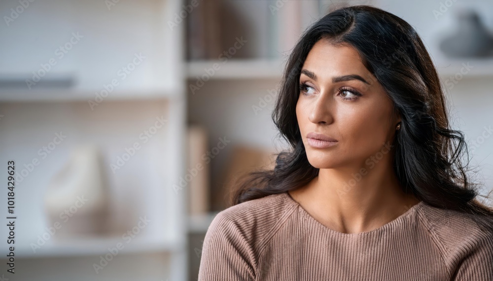 Portrait of a thoughtful woman with a confused expression, looking away with furrowed brows, indoors. Modern lifestyle. Portrait of a thoughtful woman with a confused expression, looking away with furrowed brows, indoors. Modern lifestyle.
