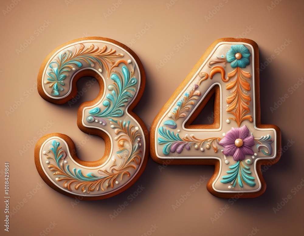 Decorated cookie, number 34, illustration for birthday or anniversary celebration Decorated cookie, number 34, illustration for birthday or anniversary celebration
