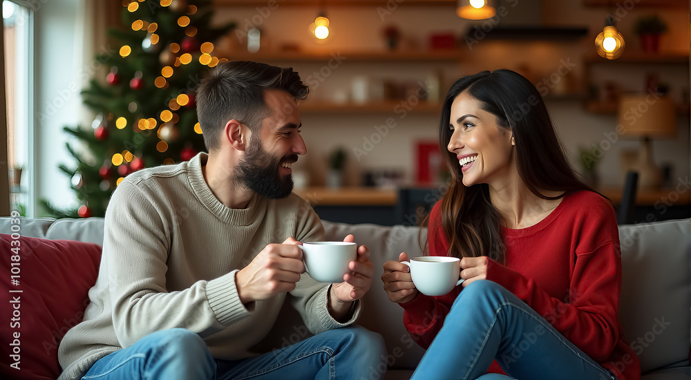 A man and woman are sitting on a couch, holding cups of coffee A man and woman are sitting on a couch, holding cups of coffee
