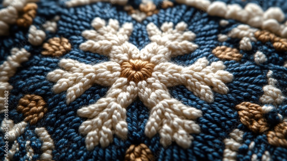 Fototapeta premium Intricate Embroidery Design with a White Snowflake Motif on a Blue Background