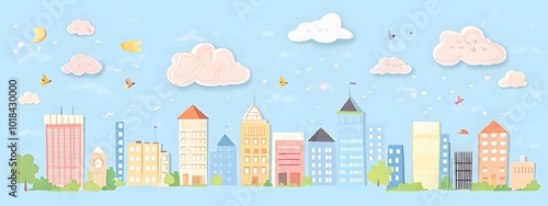 Flat vector illustration of a city skyline, with simple flat shapes, a light blue background, and sky and clouds in the background