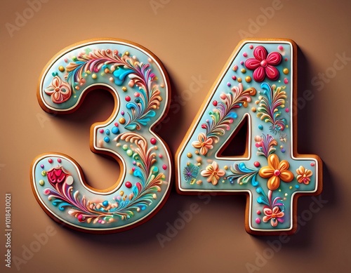 Decorated cookie, number 34, illustration for birthday or anniversary celebration