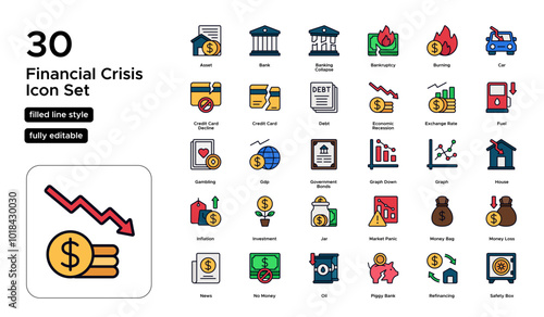 Financial Crisis Filled Line Icon Set: Market Collapse, Bankruptcies, and Economic Downturn Icons