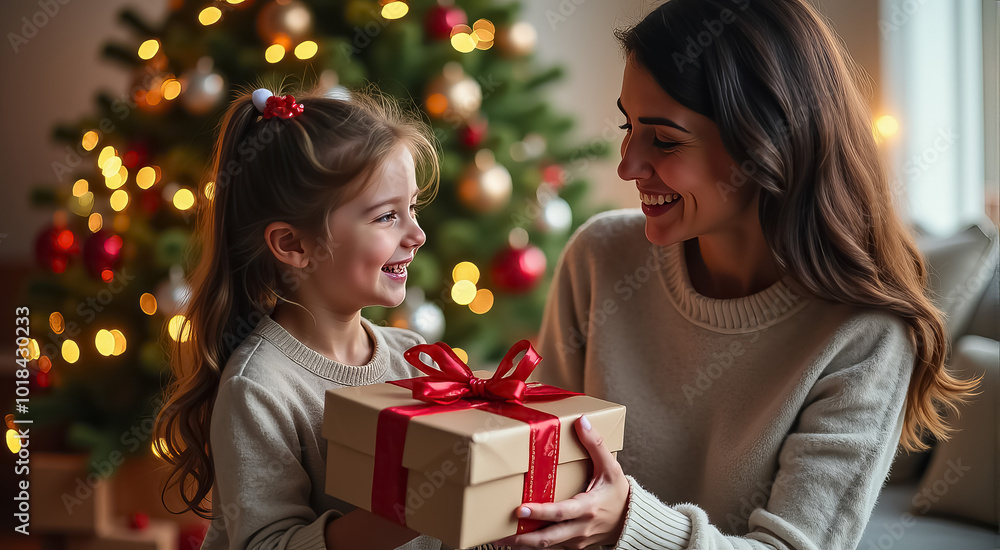 A woman is holding a present for a little girl A woman is holding a present for a little girl