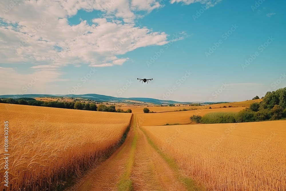 Fototapeta premium Drone Over Wheat Field with Summer Landscape. AI generated illustration