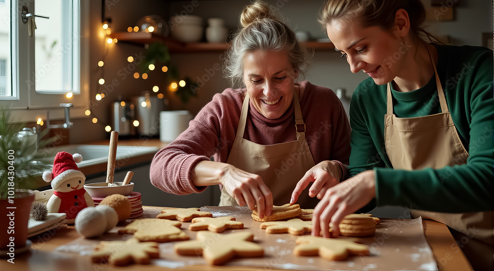 Two women are making cookies in a kitchen Two women are making cookies in a kitchen