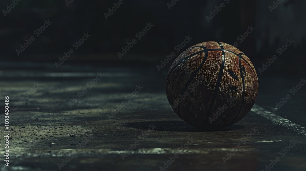 Under moody lighting, a basketball rests on an old court, showcasing its textured surface. Under moody lighting, a basketball rests on an old court, showcasing its textured surface.