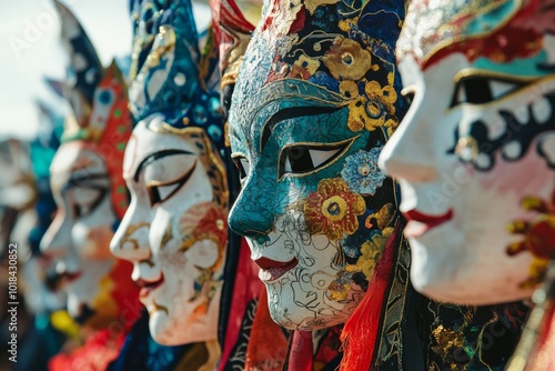 Colorful venetian carnival masks in a vibrant parade display photo