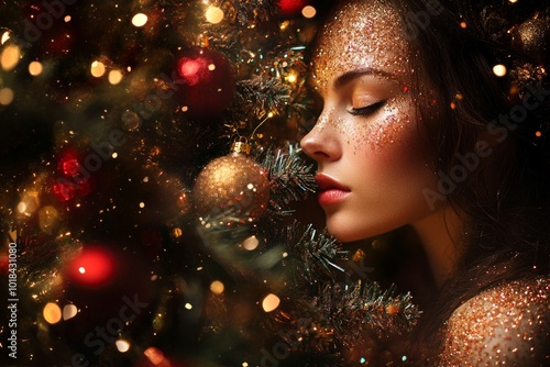 Festive portrait of woman with glitter makeup amidst christmas ornaments and twinkling lights