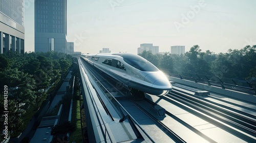 High-speed maglev train gliding smoothly on elevated tracks in a modern landscape